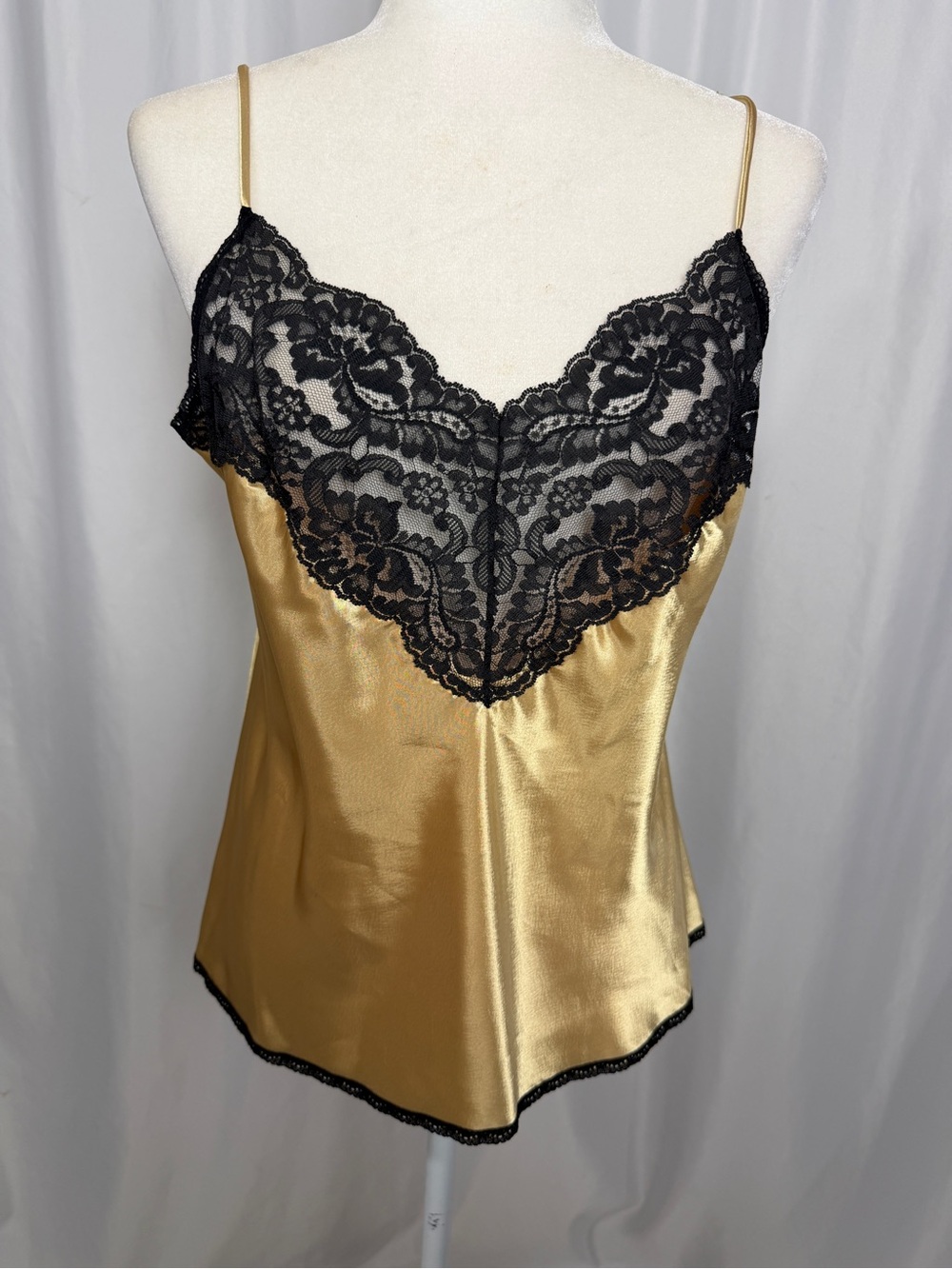 Vintage 80s Vanity Fair Gold Satin Camisole Black Lace Sz 38